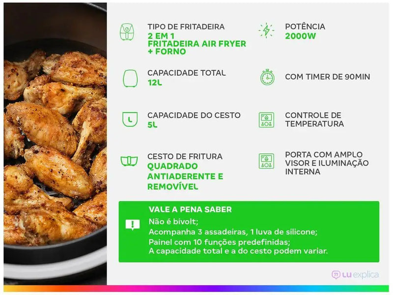 Fritadeira Elétrica sem Óleo/Air Fryer Mondial Forno Oven AFON-12L-BI Preta 12L - 110V